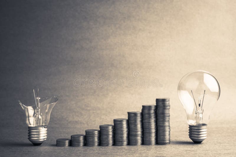 Good idea will make money more, broken and good light bulb with coins stair for improvement or success concept. Good idea will make money more, broken and good light bulb with coins stair for improvement or success concept