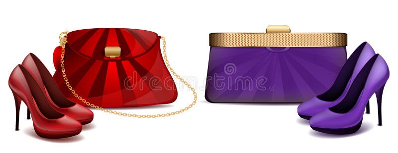 La borsa ed i tacchi alti del ` s delle donne adattano la borsa rossa e porpora del teatro con le scarpe illustrazione di stock