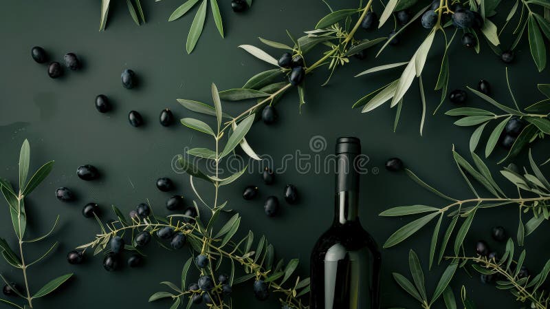 La botella de vino se coloca sobre una mesa con un montón de aceitunas negras foto de archivo libre de regalías