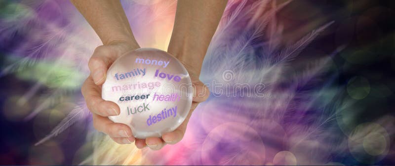 Hands holding a large clear crystal ball showing various words on an ethereal multicoloured feather background with copy space. Hands holding a large clear crystal ball showing various words on an ethereal multicoloured feather background with copy space