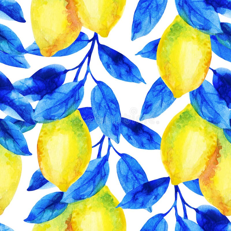La branche de fruit de citron d'aquarelle avec le bleu lumineux part du modèle sans couture illustration de vecteur