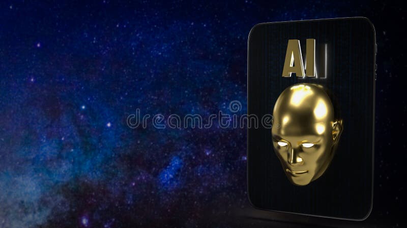 La cabeza de oro y el texto de ai sobre el móvil para el concepto de tecnología 3d representación stock de ilustración