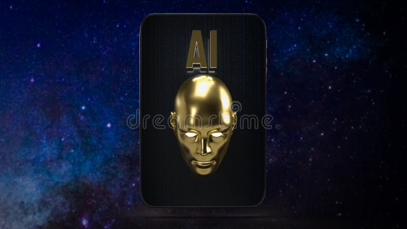 La cabeza de oro y el texto de ai sobre el móvil para el concepto de tecnología 3d representación stock de ilustración