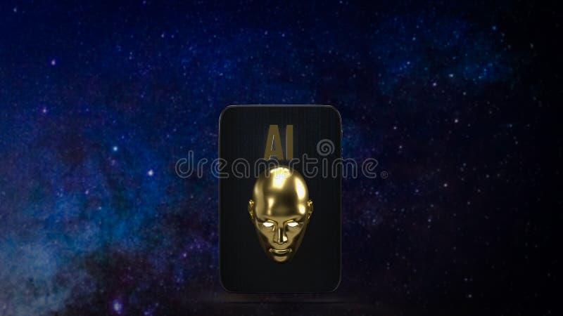 La cabeza de oro y el texto de ai sobre el móvil para el concepto de tecnología 3d representación stock de ilustración