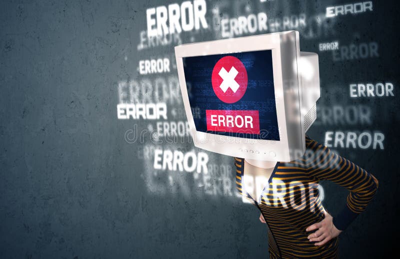 La cabeza femenina del monitor con error firma en la pantalla de visualización imagenes de archivo La cabeza femenina del monitor con error firma en la pantalla de visualización imagenes de archivo