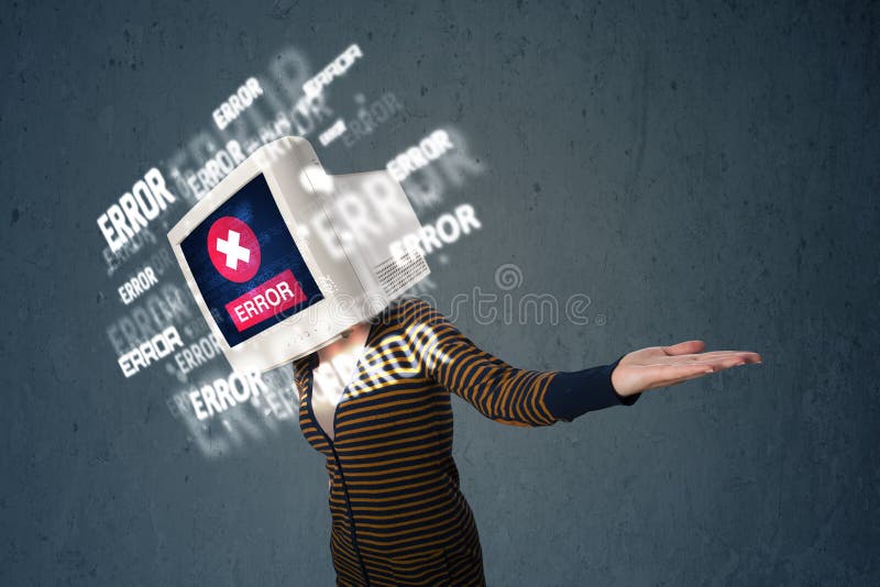 La cabeza femenina del monitor con error firma en la pantalla de visualización fotos de archivo La cabeza femenina del monitor con error firma en la pantalla de visualización fotos de archivo