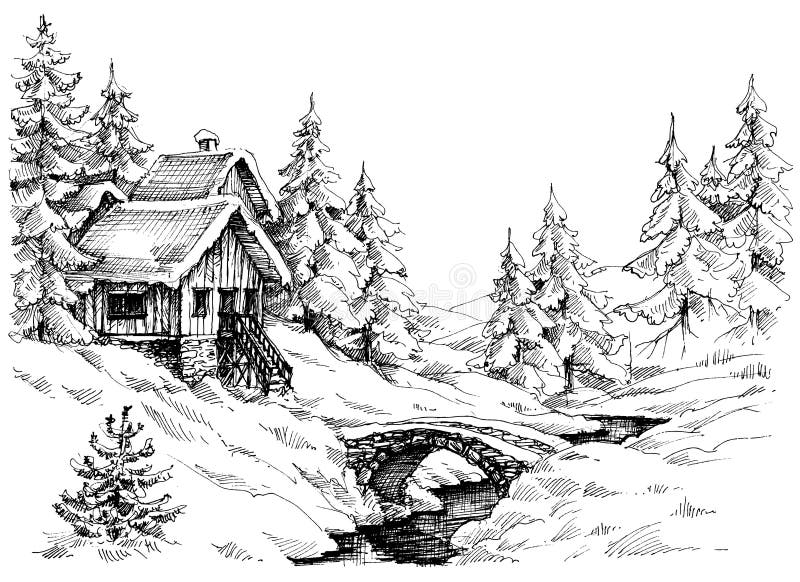 La cabina de la montaña en el bosque acerca al río