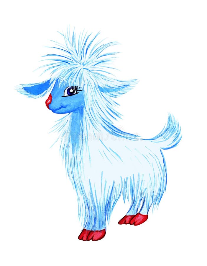 la cabra mullida misma Blanco-azul en un fondo blanco se aísla Dibujado a mano Ejemplo, etiqueta engomada, postal ilustración del vector la cabra mullida misma Blanco-azul en un fondo blanco se aísla Dibujado a mano Ejemplo, etiqueta engomada, postal ilustración del vector