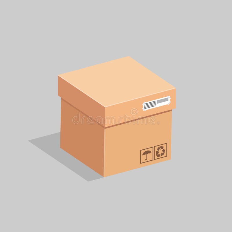 The cardboard box is closed with a lid with packing stickers. On a gray background. Vector illustration. The cardboard box is closed with a lid with packing stickers. On a gray background. Vector illustration.