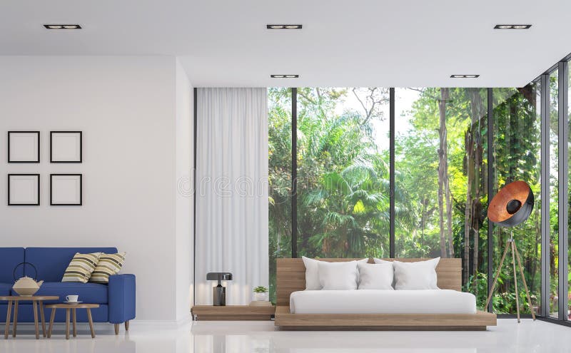 La camera da letto ed il salone bianchi moderni con la vista 3d della natura rendono l'immagine illustrazione vettoriale La camera da letto ed il salone bianchi moderni con la vista 3d della natura rendono l'immagine illustrazione vettoriale