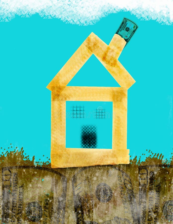 Computer generated image concept. House made out of masking tape. Money shown in chimney and below house. Home construction or improvement theme. Computer generated image concept. House made out of masking tape. Money shown in chimney and below house. Home construction or improvement theme.