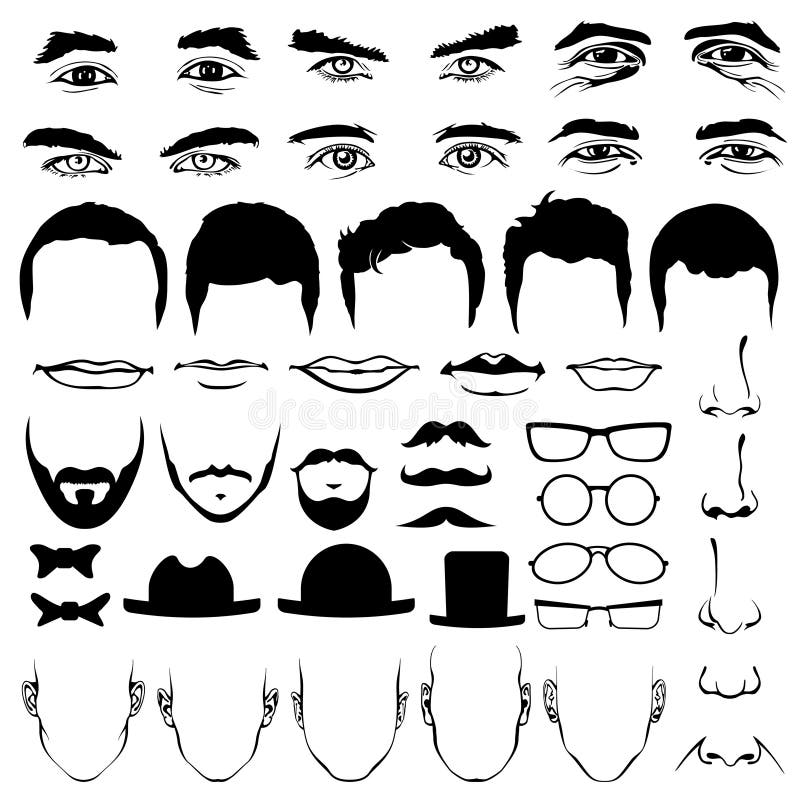 La cara del hombre observa y las narices, los bigotes con los vidrios, los sombreros o los labios, peinado stock de ilustración La cara del hombre observa y las narices, los bigotes con los vidrios, los sombreros o los labios, peinado stock de ilustración