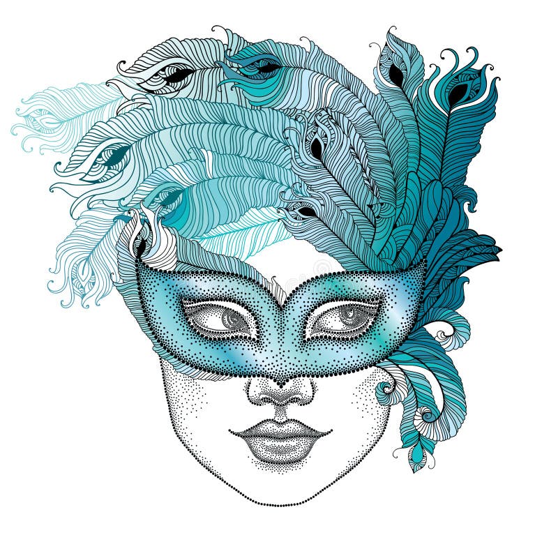 La cara punteada de la muchacha en la máscara veneciana Colombina del carnaval con el pavo real del esquema empluma en el fondo b