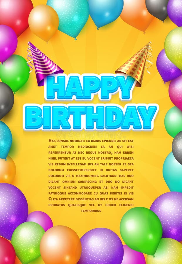 La carta o il manifesto dell'invito di vettore di buon compleanno con i cappelli ed il colore del partito balloons royalty illustrazione gratis