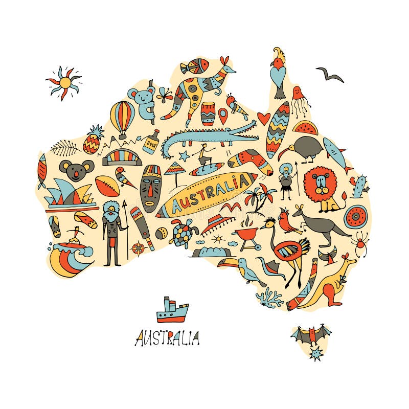 La carte australienne avec des icônes a placé, esquisse pour votre conception