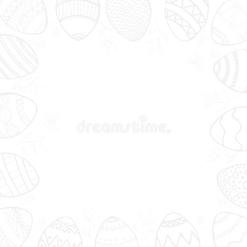 La carte de Pâques heureuse dans gris clair sur un arrière-plan transparent avec des oeufs avec les branches tirées de modèles que les fleurs part du papillon de branches. Crée une ambiance et une ambiance festive. Applicable pour la copie de cartes de milieux.