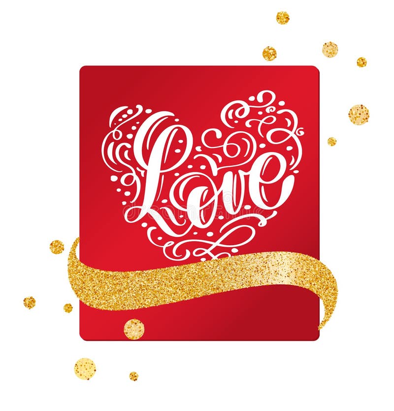 La carte de Valentine avec le coeur de vintage et le lettrage d'écriture aiment avec le ruban d'or illustration de vecteur La carte de Valentine avec le coeur de vintage et le lettrage d'écriture aiment avec le ruban d'or illustration de vecteur