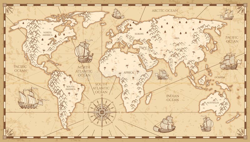 La carte physique du monde de vintage avec des rivières et les montagnes dirigent l'illustration illustration de vecteur