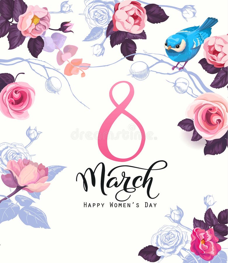 La carte postale heureuse de jour du ` s de femmes, l'invitation de partie ou le calibre de fête de bannière avec le lettrage élé illustration stock La carte postale heureuse de jour du ` s de femmes, l'invitation de partie ou le calibre de fête de bannière avec le lettrage élé illustration stock
