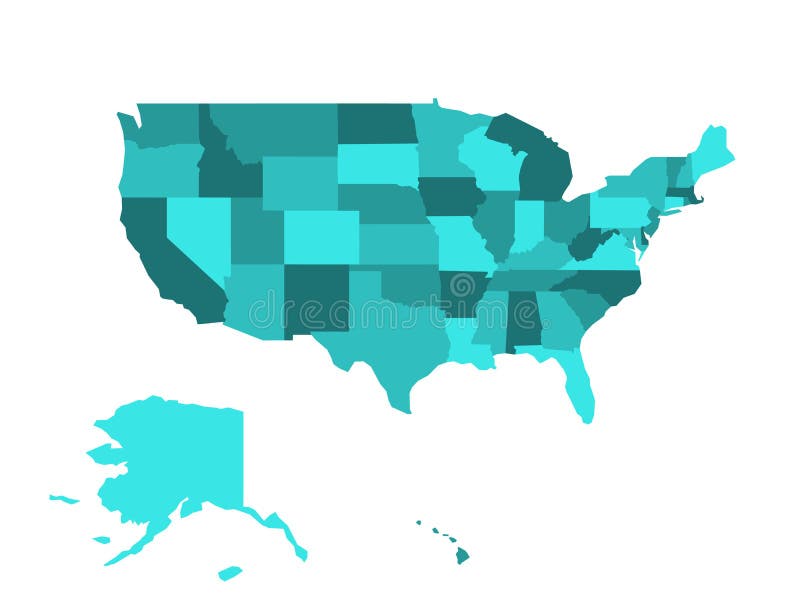 Blank map of United States of America, USA, divided into states in four shades of turquoise blue. Simple flat vector illustration on white background. Blank map of United States of America, USA, divided into states in four shades of turquoise blue. Simple flat vector illustration on white background.