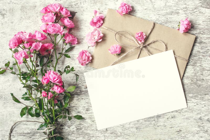 La cartolina d'auguri bianca in bianco con la rosa di rosa fiorisce Derisione su immagine stock libera da diritti La cartolina d'auguri bianca in bianco con la rosa di rosa fiorisce Derisione su immagine stock libera da diritti