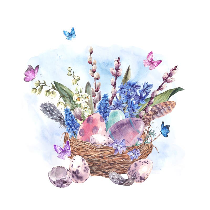 La cartolina d'auguri felice di Pasqua dell'acquerello, molla fiorisce il mazzo illustrazione di stock La cartolina d'auguri felice di Pasqua dell'acquerello, molla fiorisce il mazzo illustrazione di stock