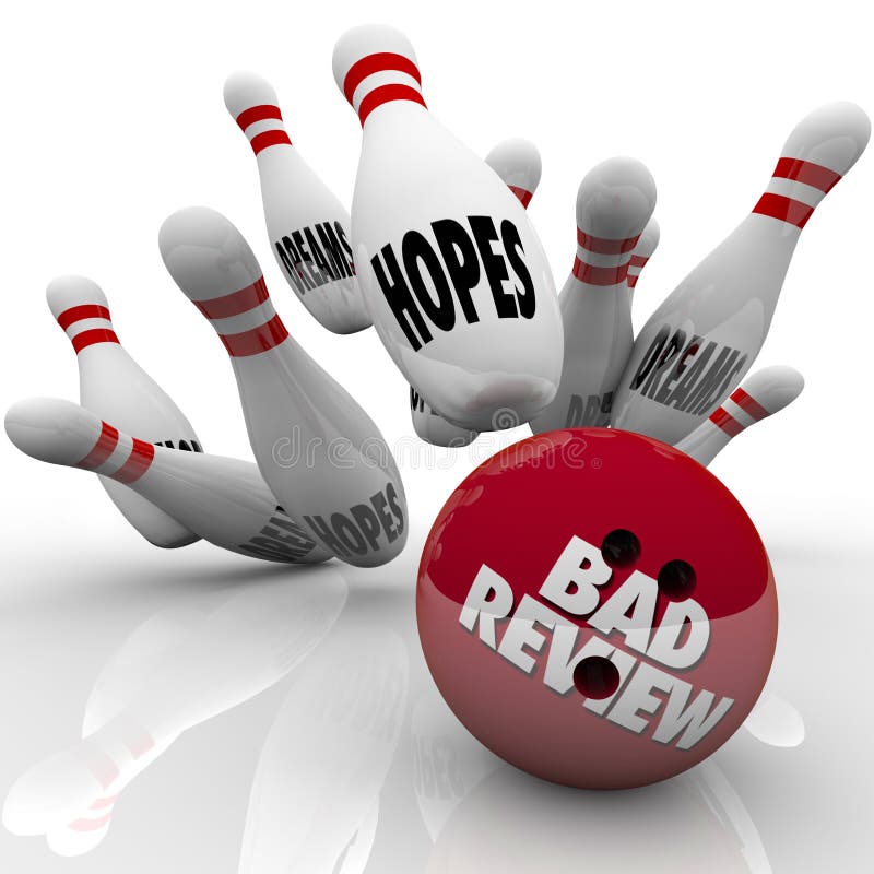 Bad Review words on a bowling ball striking pins marked with hopes and dreams to illustrate poor performance comments or feedback. Bad Review words on a bowling ball striking pins marked with hopes and dreams to illustrate poor performance comments or feedback