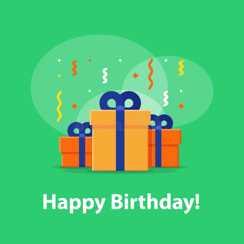 La celebración del aniversario, enhorabuena del feliz cumpleaños, grupo de tres cajas de regalo de la sorpresa, confeti que cae, libre illustration La celebración del aniversario, enhorabuena del feliz cumpleaños, grupo de tres cajas de regalo de la sorpresa, confeti que cae, libre illustration