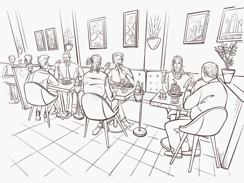 La cena familiar o el lugar del desayuno se sirven en el interior del restaurante La gente habla y come en un café o en un bistro stock de ilustración La cena familiar o el lugar del desayuno se sirven en el interior del restaurante La gente habla y come en un café o en un bistro stock de ilustración