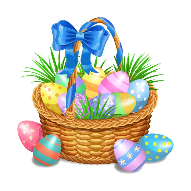 La cesta de Pascua con color pintó los huevos de Pascua en blanco stock de ilustración La cesta de Pascua con color pintó los huevos de Pascua en blanco stock de ilustración