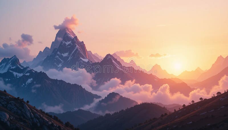 La chaîne de montagnes majestueuse au coucher du soleil avec un sommet marqué illustration stock