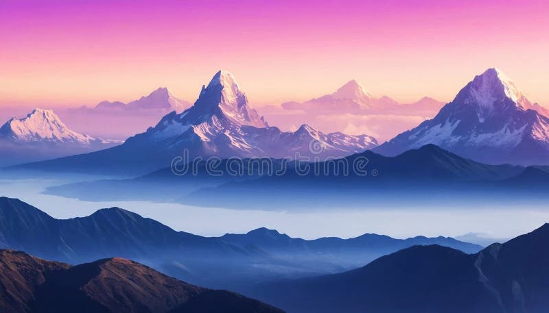 La chaîne de montagnes majestueuse avec des sommets enneigés pointus sous le vibrant illustration libre de droits