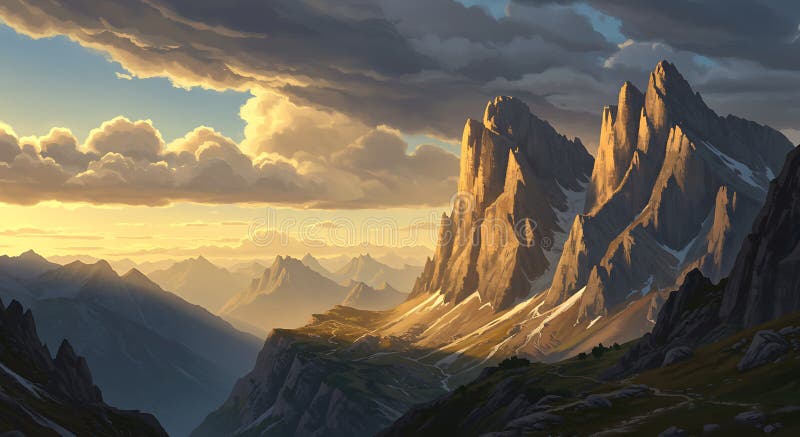 La chaîne de montagnes majestueuse baignée de lumière dorée avec des pics robustes illustration de vecteur