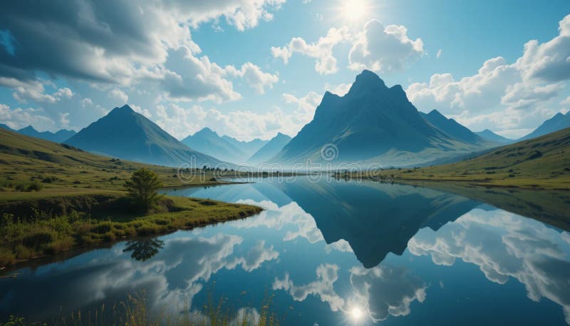 La chaîne de montagnes majestueuse se reflète dans un lac calme et clair avec un vert vibrant illustration libre de droits