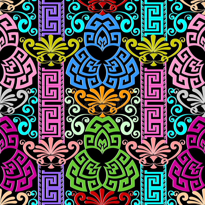 La chiave greca floreale variopinta serpeggia modello senza cuciture illustrazione di stock La chiave greca floreale variopinta serpeggia modello senza cuciture illustrazione di stock