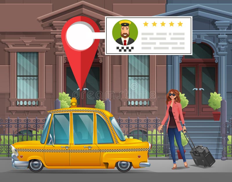 La chica joven con la maleta entra en el taxi de Nueva York para un viaje de trabajo en el fondo de casas con el servicio app del stock de ilustración La chica joven con la maleta entra en el taxi de Nueva York para un viaje de trabajo en el fondo de casas con el servicio app del stock de ilustración