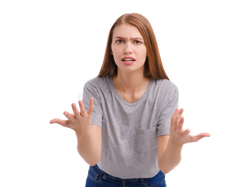 La chica joven hermosa, en estudio, muestra las manos con los fingeres separados, aislados en el fondo blanco imagen de archivo libre de regalías La chica joven hermosa, en estudio, muestra las manos con los fingeres separados, aislados en el fondo blanco imagen de archivo libre de regalías