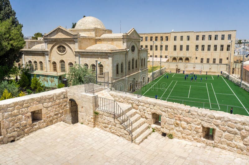 View of the Armenian Church of the Holy Archangels, Deir Al Zeitoun and football field in the Armenian Quarter of Jerusalem, Israel. View of the Armenian Church of the Holy Archangels, Deir Al Zeitoun and football field in the Armenian Quarter of Jerusalem, Israel