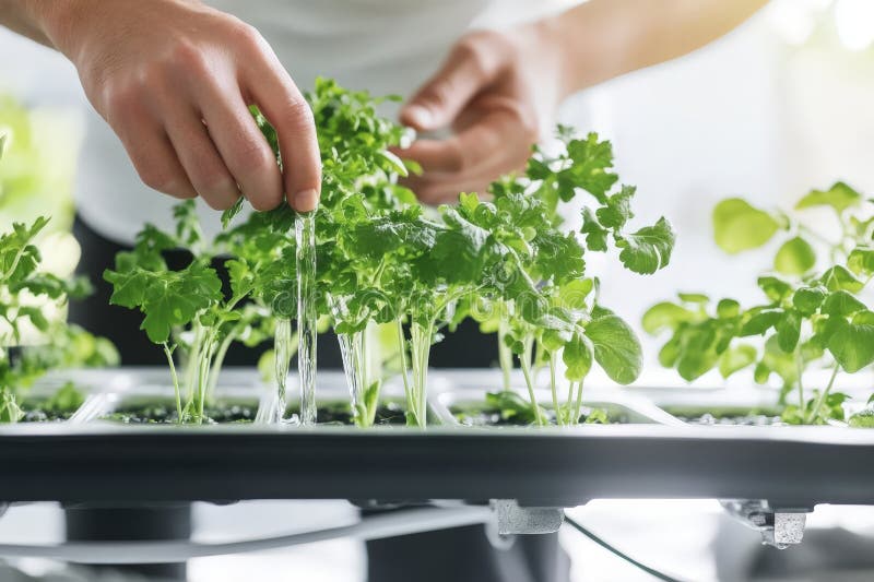 Primo piano di erbe idroponiche sotto cura, focus sulla crescita idroponica, benefici idroponici per l'agricoltura indoor fresca immagini stock libere da diritti