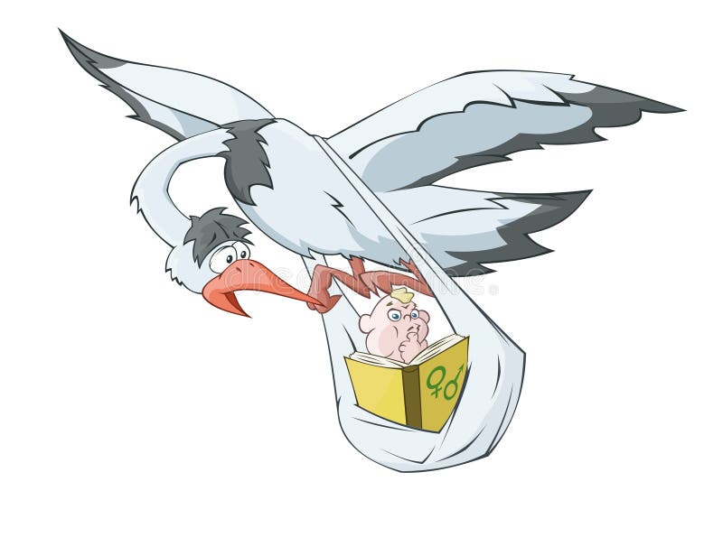 La cigüeña está llevando al bebé que lee el libro ilustración del vector La cigüeña está llevando al bebé que lee el libro ilustración del vector