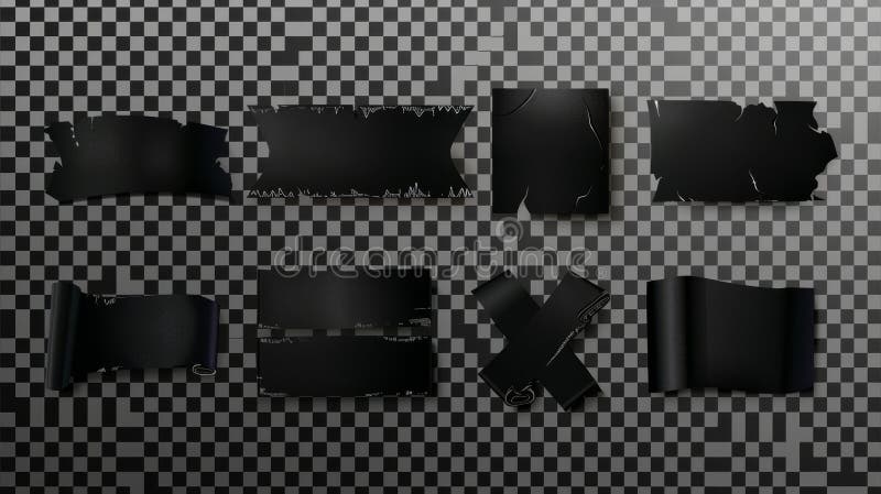 The black adhesive tape has sticky stripes isolated on transparent background. Scotch pieces with wrinkles are glued in the shape of square, cross, bracket and check mark.. AI generated. The black adhesive tape has sticky stripes isolated on transparent background. Scotch pieces with wrinkles are glued in the shape of square, cross, bracket and check mark.. AI generated