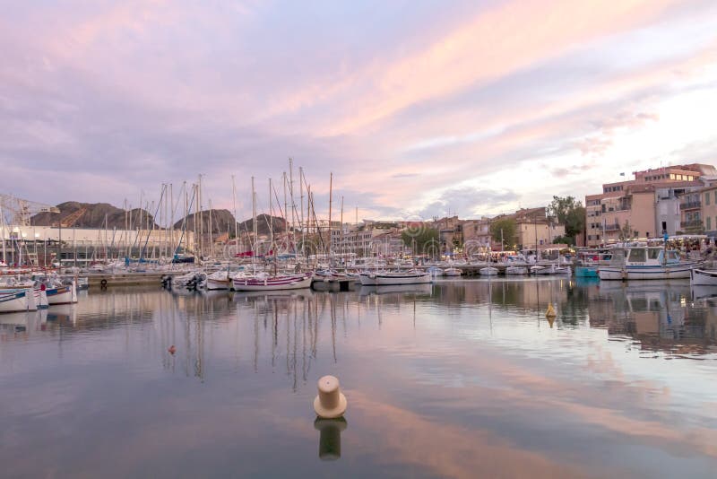 The row of moored yachts in the seaside town, Old port marina of La Ciotat, Provence, Southern France