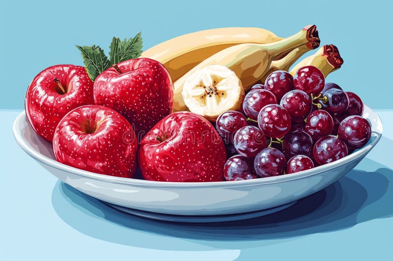 La ciotola ben organizzata presenta mele rosse vibranti, mature di banane e uva soda. illustrazione sottolinea la salute e immagine stock libera da diritti