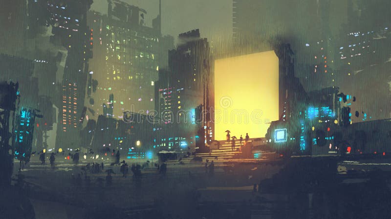 La città futuristica con molta gente dentro teletrasporta la stazione illustrazione di stock