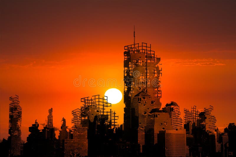La ciudad de la apocalipsis arruina el fondo de la puesta del sol