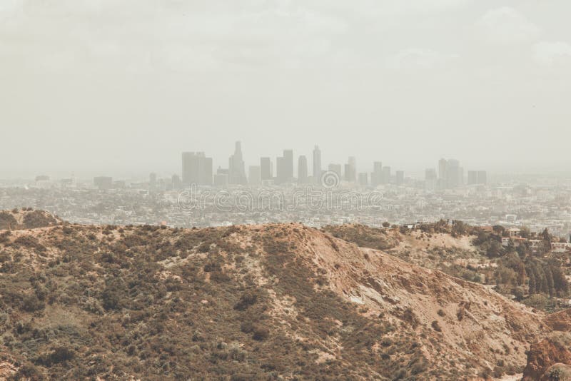 Iconic shot of Skyline of Los Angeles, seen from the Hollywood Sign. Iconic shot of Skyline of Los Angeles, seen from the Hollywood Sign.