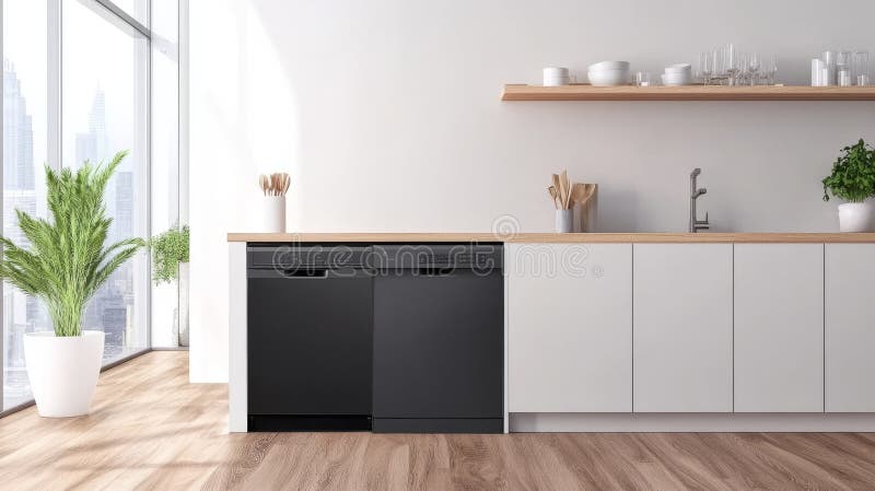 La cocina escandinava Chic Open Dishlava con sus platos apilados y sus armarios blancos representa un funcional imagen de archivo libre de regalías
