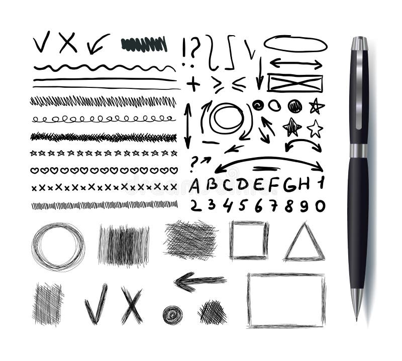 La Colección Del Vector De Dibujos Del Sketchbook, Sistema Negro De Pen Hand Drawn Design Elements Aisló, Las Líneas, Las Flechas Ilustración del Vector