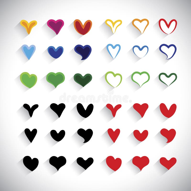 La colección colorida de los iconos del corazón del diseño plano fijó - el gráfico de vector
