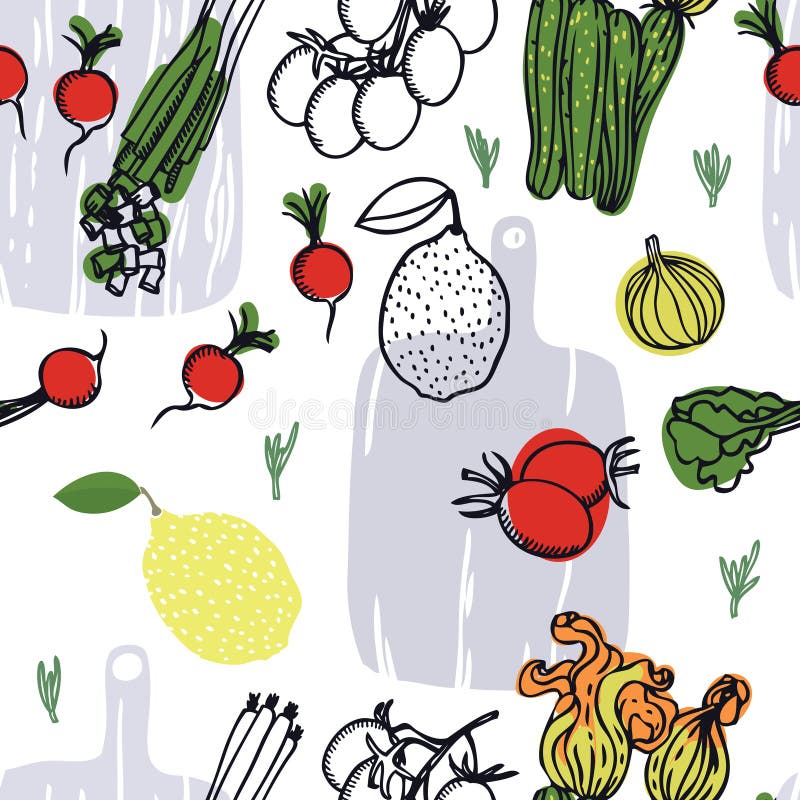 La colección de la comida las verduras frescas y los limones de las tablas de cortar da el modelo inconsútil exhausto libre illustration La colección de la comida las verduras frescas y los limones de las tablas de cortar da el modelo inconsútil exhausto libre illustration